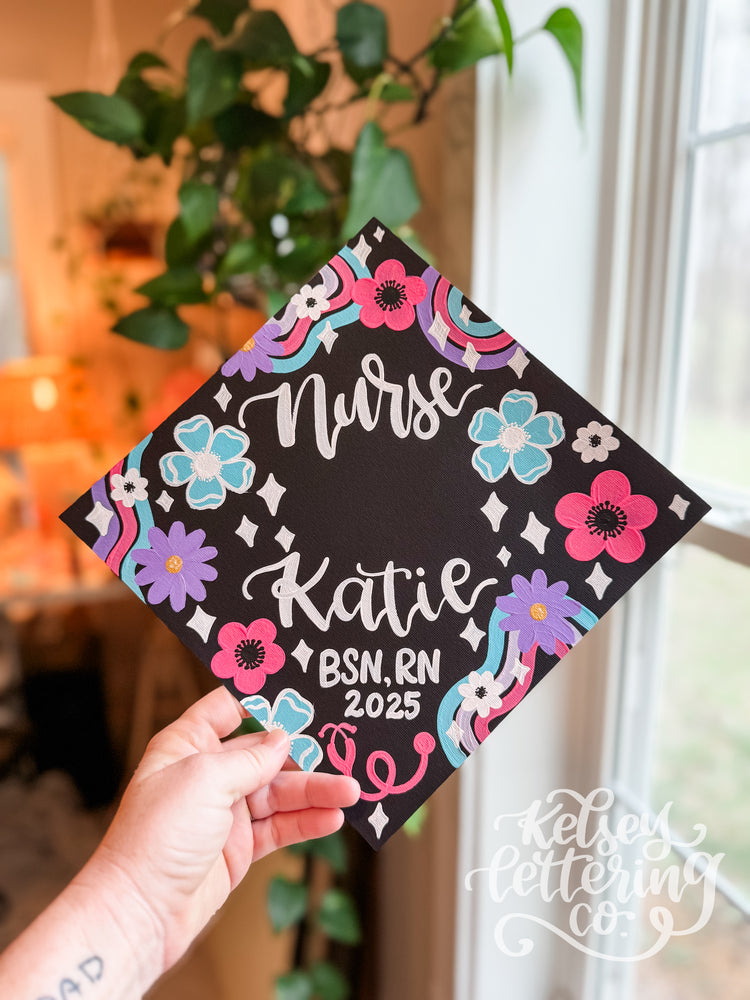 Hand painted, Hand Lettered Custom Graduation cap TOPPER