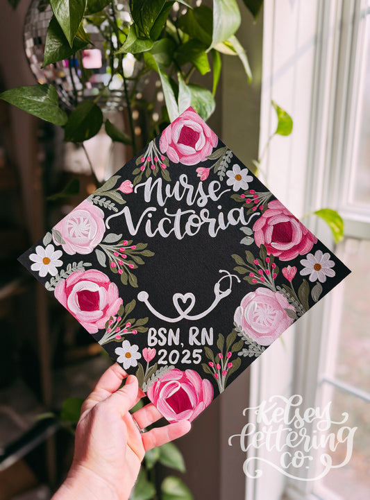 Hand painted, Hand Lettered Custom Graduation cap TOPPER